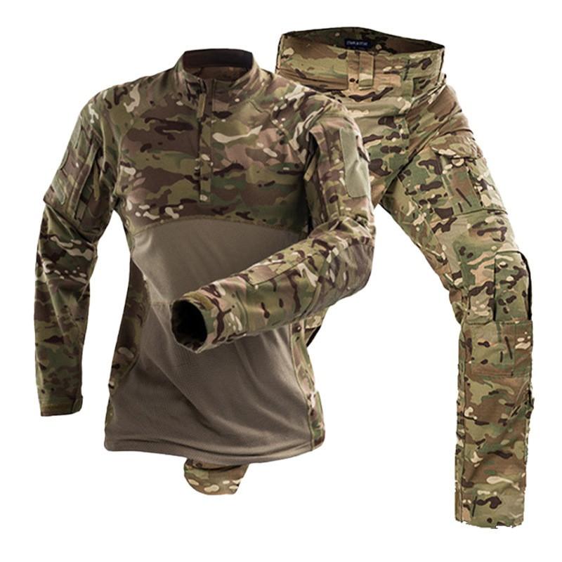 Mens Camo Tactical Long Sleeve Set Outdoor Training Suit Breathable Cotton Blend Hiking Running