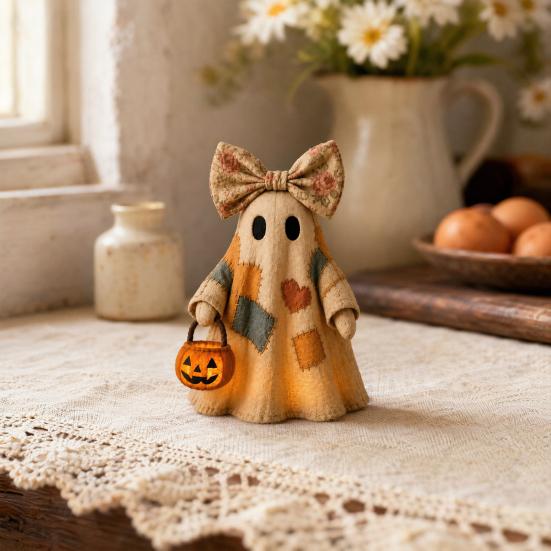 Lighted Vintage Patchwork Ghost LED Light Ghost with Pumpkin Lantern Halloween Decor Vintage