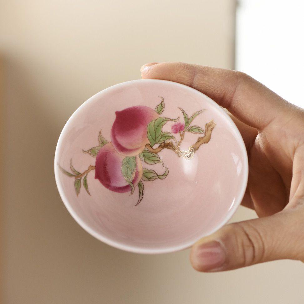 Peach Blossom Conical Cup - Hand-Painted Ceramic Tea/Sake Chalice, Pink Vintage Tableware Set for Home, Japanese Style Dishware