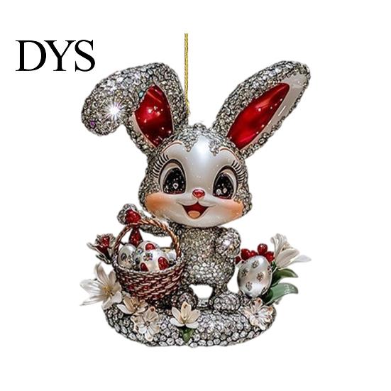 Indoor Outdoor Holiday Hanging Ornament Easter Bunny Acrylic Pendant, Cute Rabbit with Basket, 2D Car Lightweight Figurine Rearview Mirror Ornament,