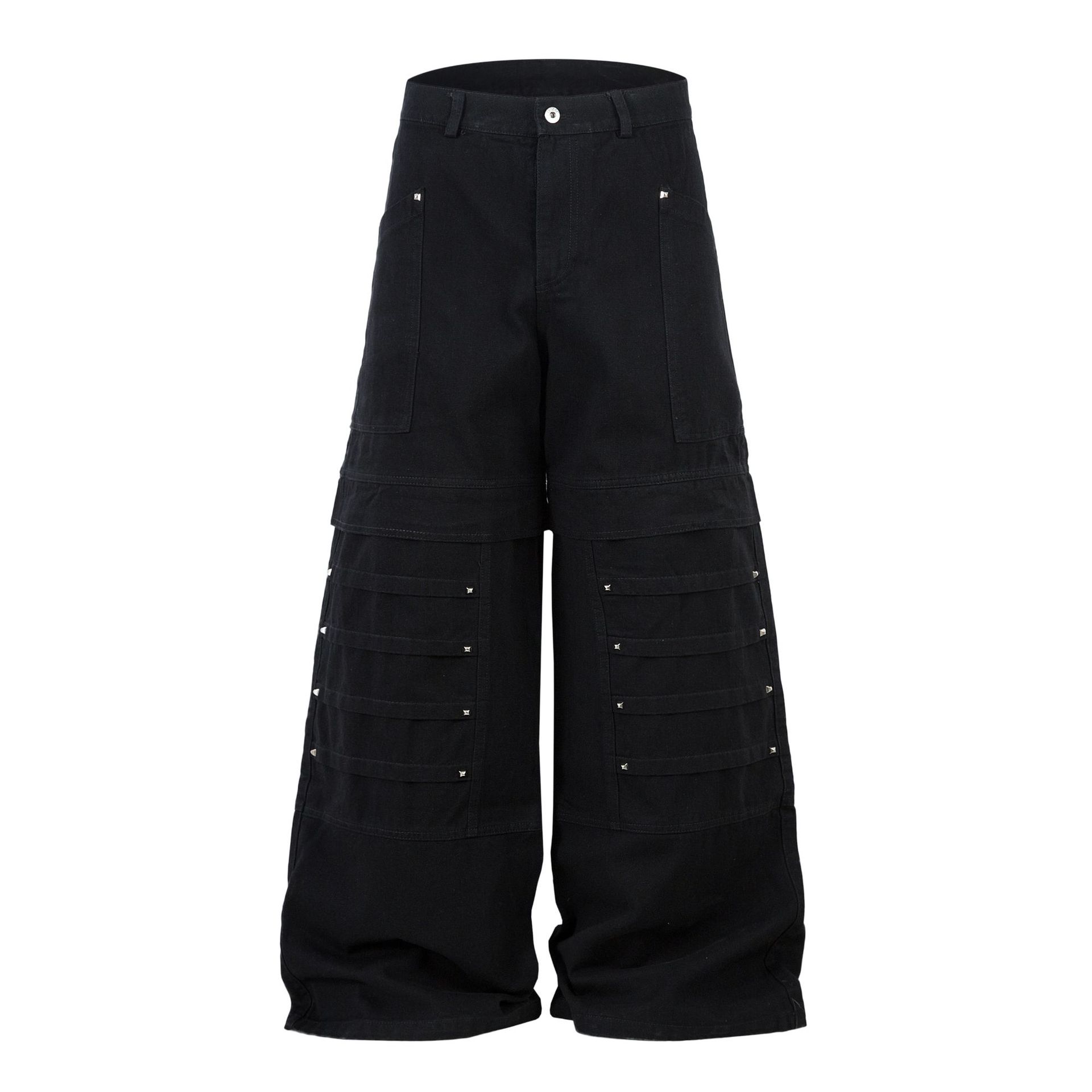 Men s high street American mecha wind RO wind heavy industry pleated rivet jeans loose European and American wide-leg pants M чёрный