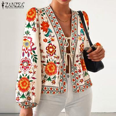 Womens Floral Print Casual Long Sleeve Lace Up Cover Up Blouse
