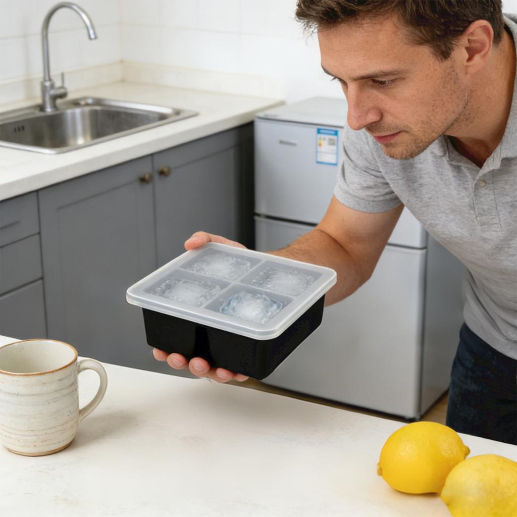 Square Ice Mold Tray With Lid, Silicone Ice Mold, Whiskey Square Ice Mold, Stackable With Lid, Easy To Release (Black).