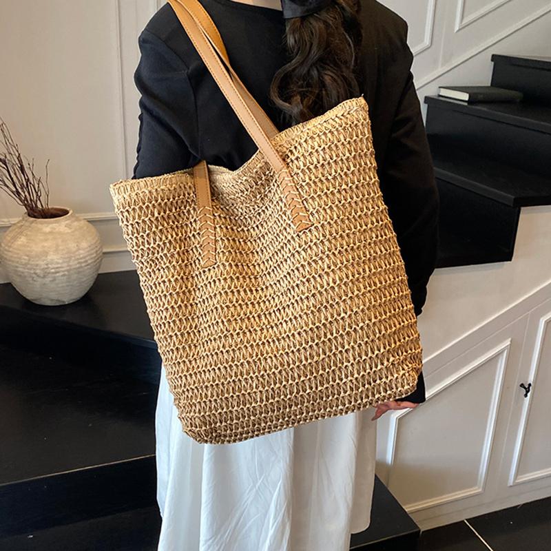 Women Top-Handle Bags Straw Summer Beach Straw Bucket Bag Woven Tote Purse Casual Travel Handbags for Women