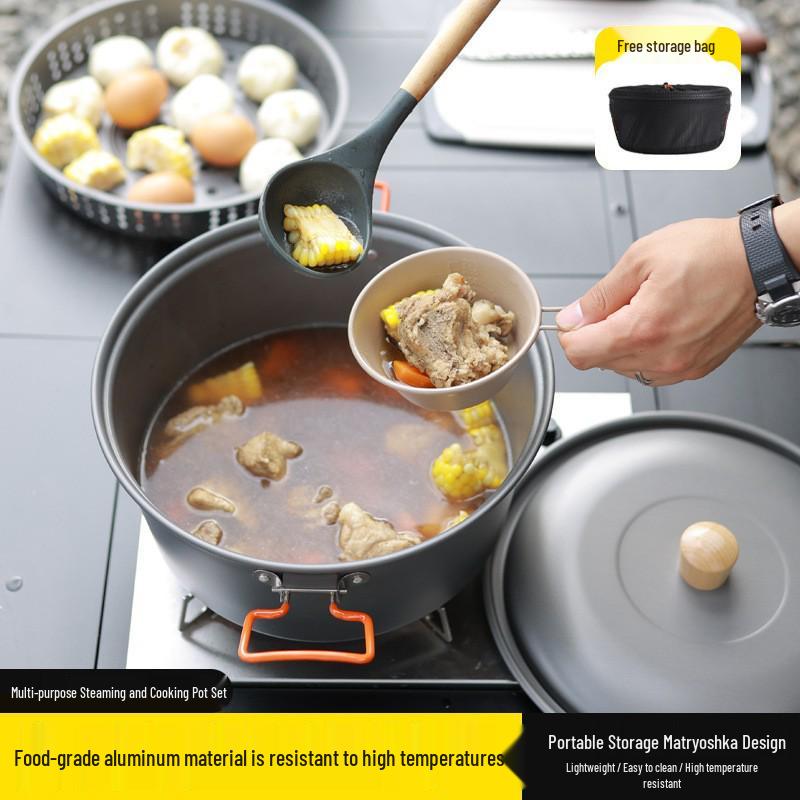 7.5L Aluminum Alloy Outdoor Steaming & Cooking Pot - Portable Dual-Use Camping Cookware