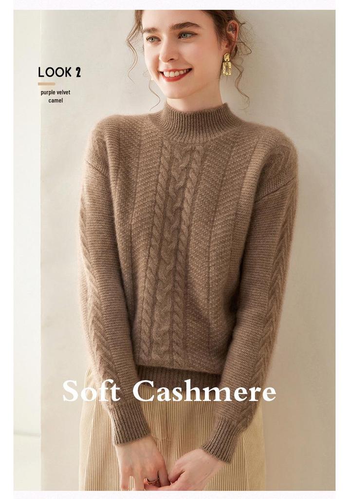 Women's Soft Cashmere Cable Knitwear - Semi-High Neck, Thickened for Autumn/Winter, Can Be Worn Alone or as a Commuting Base Layer