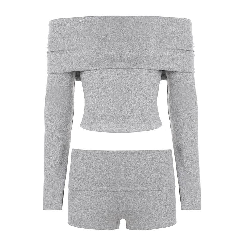 Women s Solid Color One-Shoulder Lapel Casual Suit: Long Sleeve Top + Shorts S серый