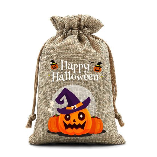 12Pcs Halloween Pumpkin Burlap Gift Bags Small Drawstring Goodie Treat Bag Halloween Linen Jute Candy Bag for Kids Trick or Treat Party Supplies