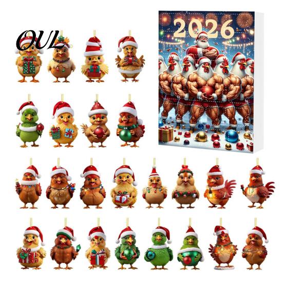 Christmas Tree Decor Chicken Advent Calendar 2026, 24 Days Countdown with 2D Flat Surprise Acrylic Ornament, Cartoon Hanging Pendant for Tree, Holiday