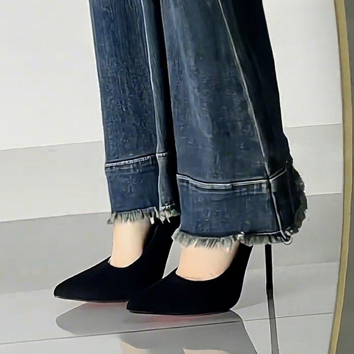 

Черные туфли на высоком каблуке с красной подошвой женские тонкие каблуки осенне-зимний темперамент сексуальные остроносые замшевые профессиональные туфли-лодочки 40