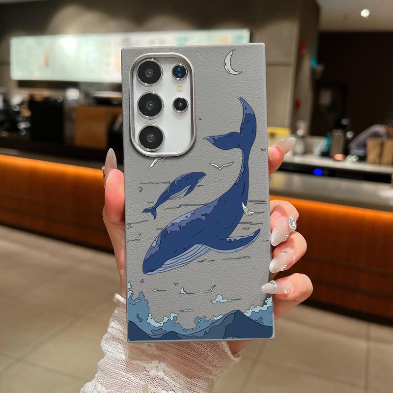 Whale Print Leather Texture TPU Phone Case For Samsung S25 S24 FE S23 Ultra S22 A56 A36 A16 A15 A55 A35 Slim Shockproof Matte Soft Bumper Cover