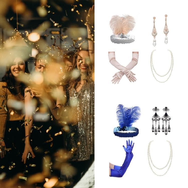 Girl Feather Headband Medieval Etiquettes Gloves with Earring&Pearl Necklace Set