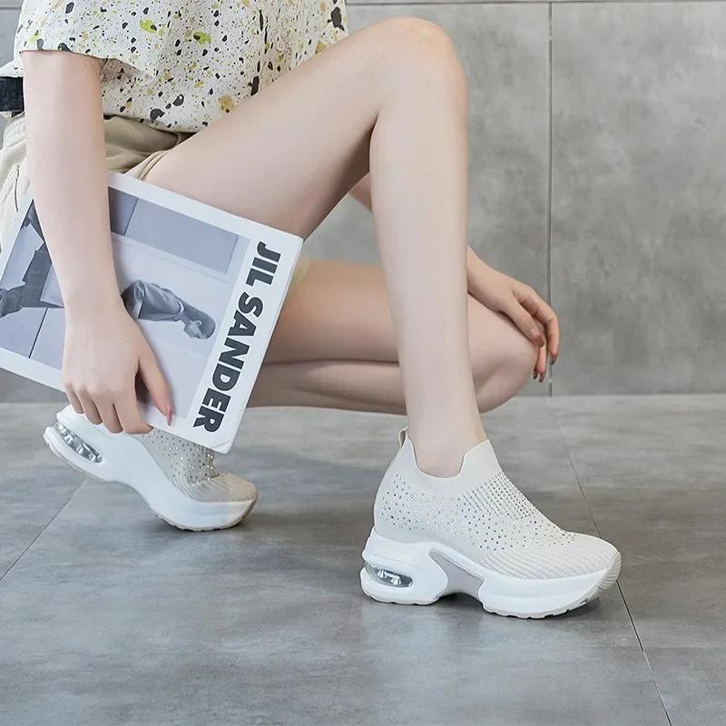 Fashion 8cm Air Mesh Stretch Fabric Sock Knitted Spring Autumn Platform Wedge Ankle Slip on Bling Women Fashion Rhinestone Booties Shoes