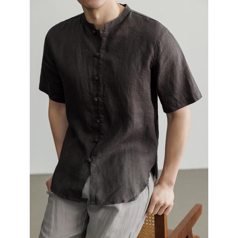 Hengyuanxiang Men's Linen Short-Sleeve Lapel Shirt