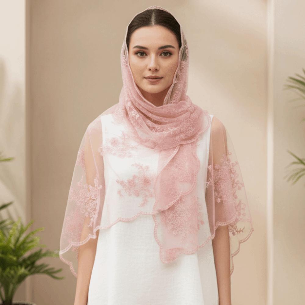 Embroidered Floral Headwrap Lightweight Long Lace Scarf Mesh Stole Summer Hijab Elegant Lady