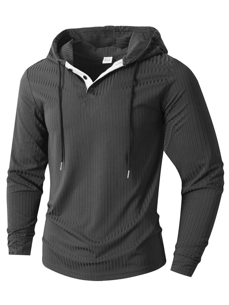 Men's Autumn/Winter Casual Hooded Long Sleeve Pullover with Drawstring and Button