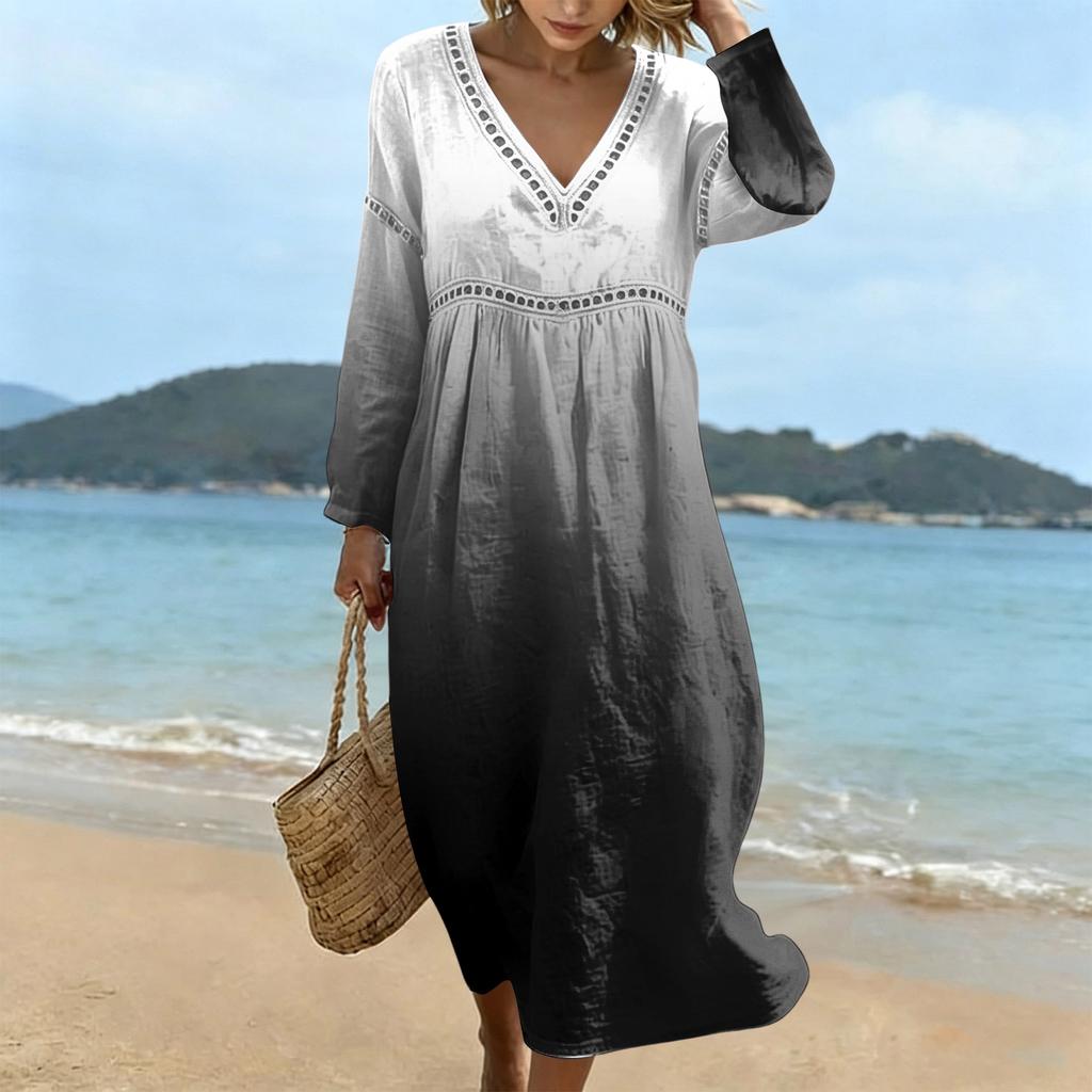 Fashionable Lady's V-neck Mid-length Casual Long-sleeved Dress