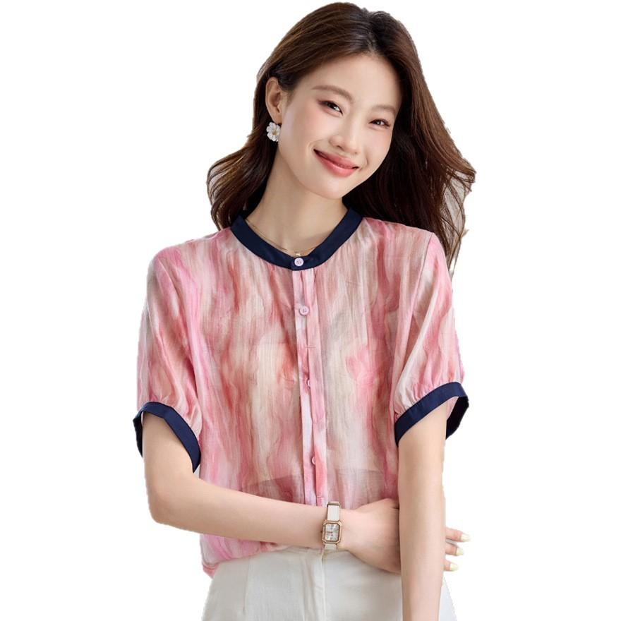 Tie-dye printed short-sleeved shirt women's summer new loose fashion contrasting color thin design top