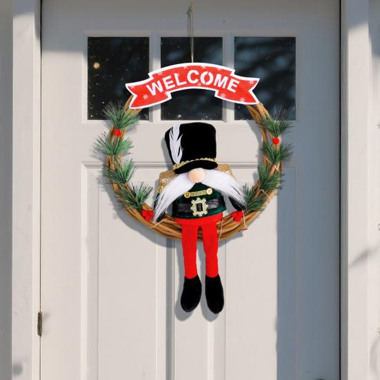 Christmas Gnome Wreath 13 Inch Artificial Vine Wreath with Soldier Gnome Front Door Welcome Sign for Indoor Outdoor Xmas Home Porch Decor