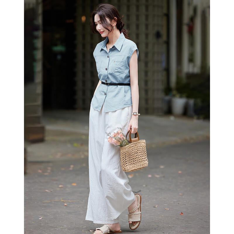 TERRE BLEUE Women's Summer Short Sleeve Shirt & Casual Pants Set