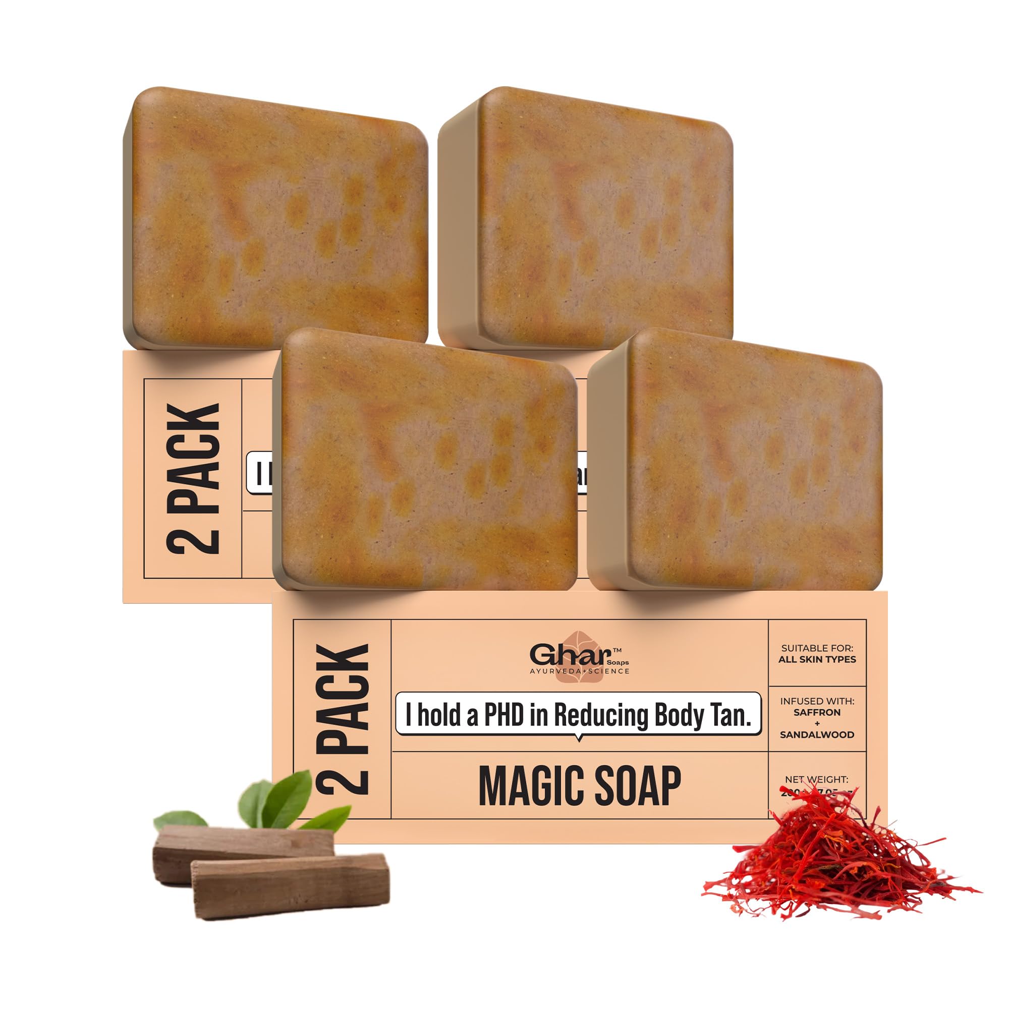 Ghar Soaps Sandalwood & Saffron Magic Soaps For Bath (100 Gms Pack Of 4) | Paraben Free | Chandan & Kesar Bath Soap | Handmade Soaps For Glowing | S 100 GM x 4