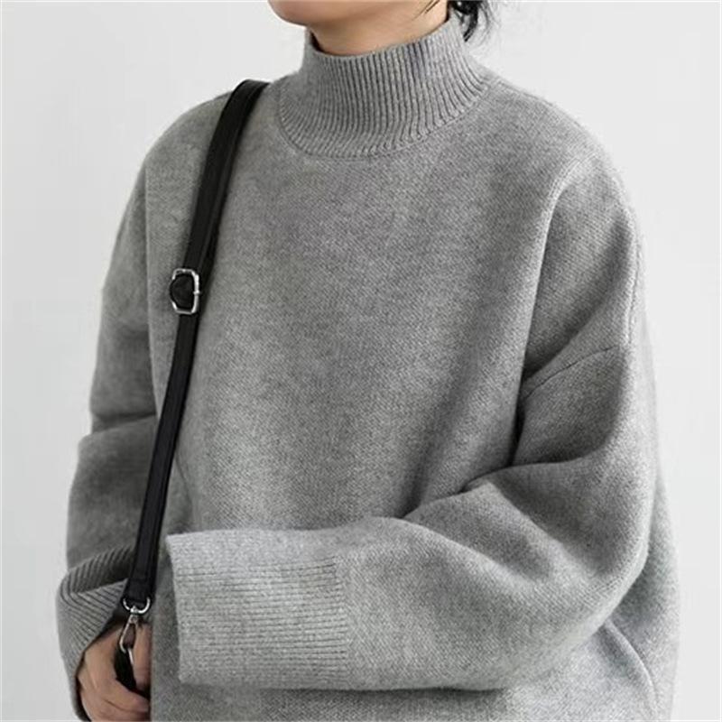 Pulover Gros cu Guler Mediu Înalt pentru Femei, Pulover Tricotat de Bază Larg pentru Toamnă și Iarnă