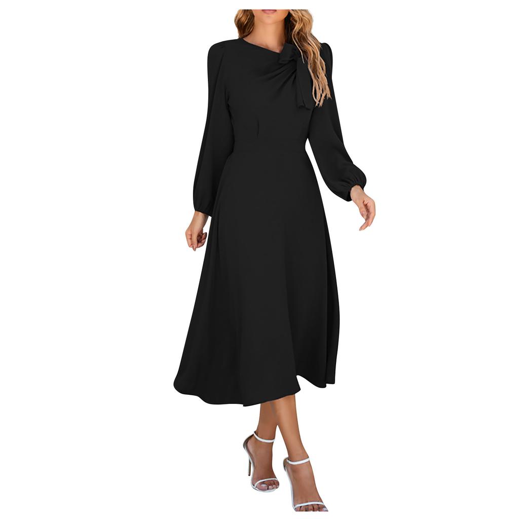 Women's Color Round Neck A-Line Long Sleeve Midi Dress