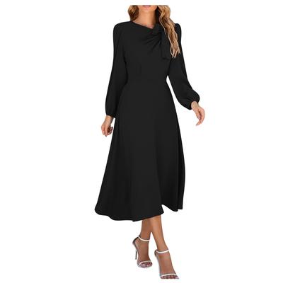 Einfarbiges, langärmliges A-Linien-Midikleid für Damen mit Rundhalsausschnitt