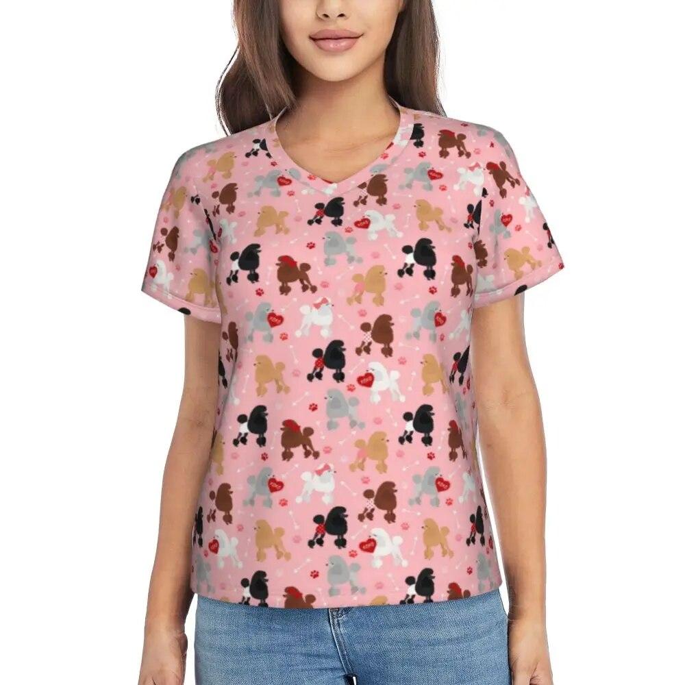 Cute Poodle Print T-Shirts Life Is Better V Neck Fashion Oversized T-Shirt Short Sleeve Woman Aesthetic Tshirt Design Top Tees