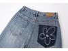High Waist Wide Leg Jeans with Contrast Leather Patches & Floral Embroidery for Women