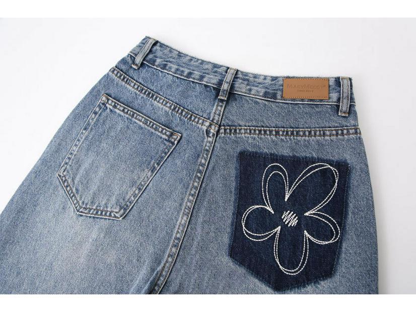 High Waist Wide Leg Jeans with Contrast Leather Patches & Floral Embroidery for Women