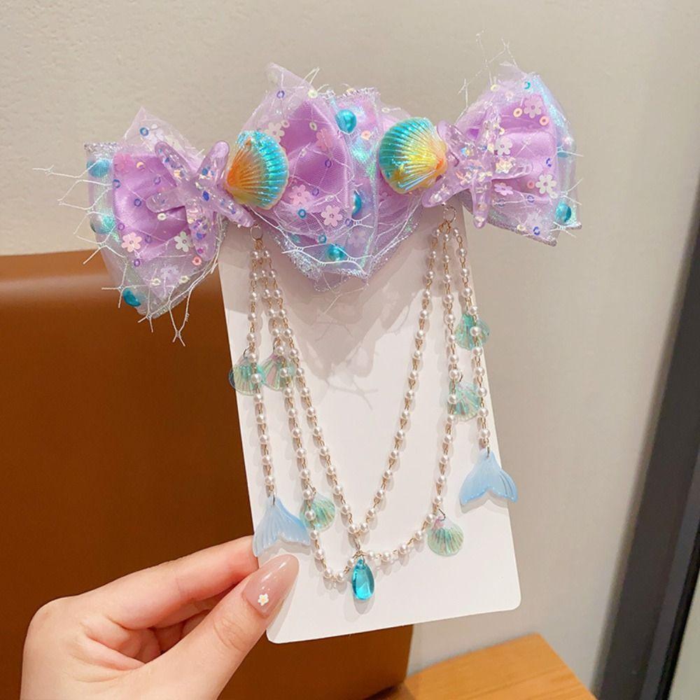 Mermaid Pearl Hair Clip Sweet Bow Accessories Fashion Tassel Forehead Chain  for Children