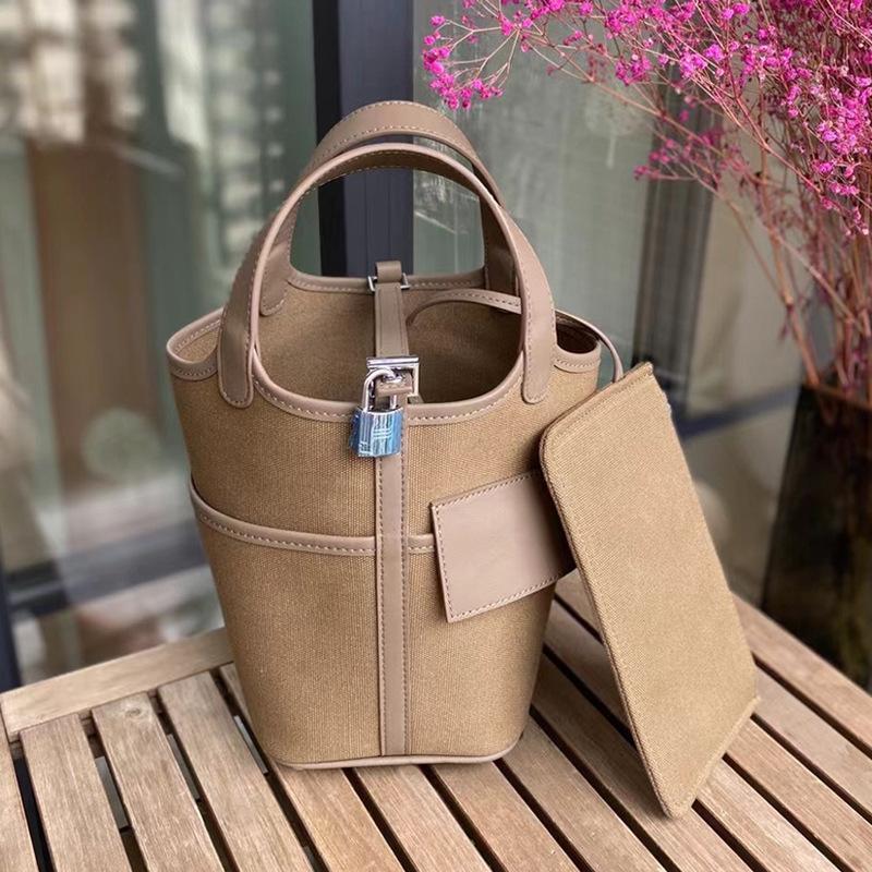 Foreign trade new vegetable basket bag swift cowhide with canvas splicing bucket bag fashionable casual hand bag