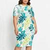 Women Plus Size Tropical Leaf Printed Round Neck Short Sleeve Asymmetric Top Fitted Skirt Two Piece Set