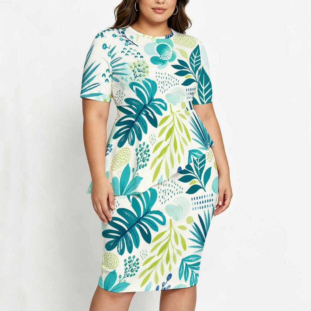 Women Plus Size Tropical Leaf Printed Round Neck Short Sleeve Asymmetric Top Fitted Skirt Two Piece Set