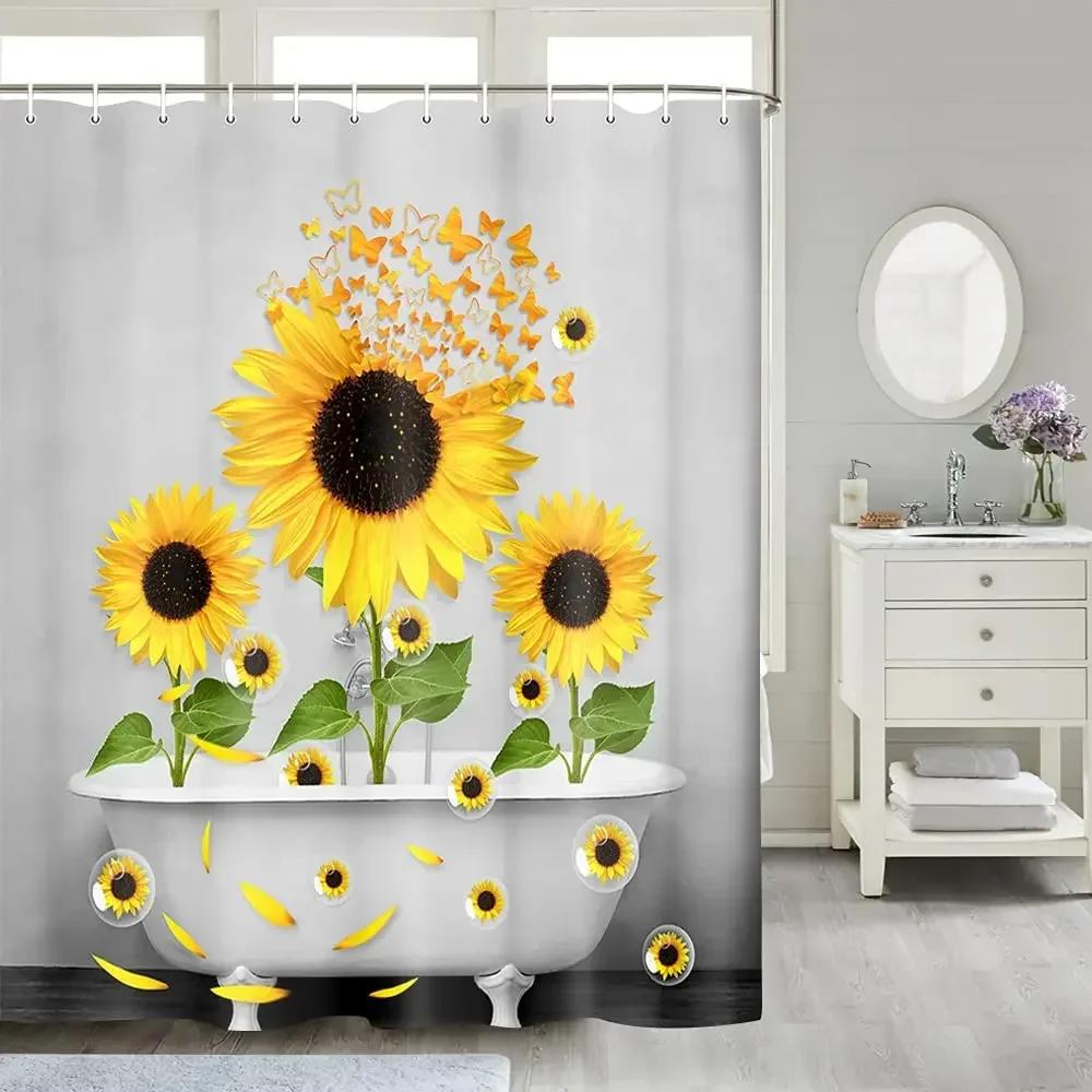 Farmhouse Rustic Shower Curtain Sunflower Autumn Floral Flower On Rural Barn Wooden Fabric Bathroom Curtains with Hooks Sets