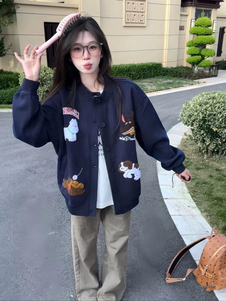 Women's Fun Cartoon Embroidery Chenille Cardigan Sweatshirt - Autumn Korean Lazy Style Loose BF Casual Baseball Jacket