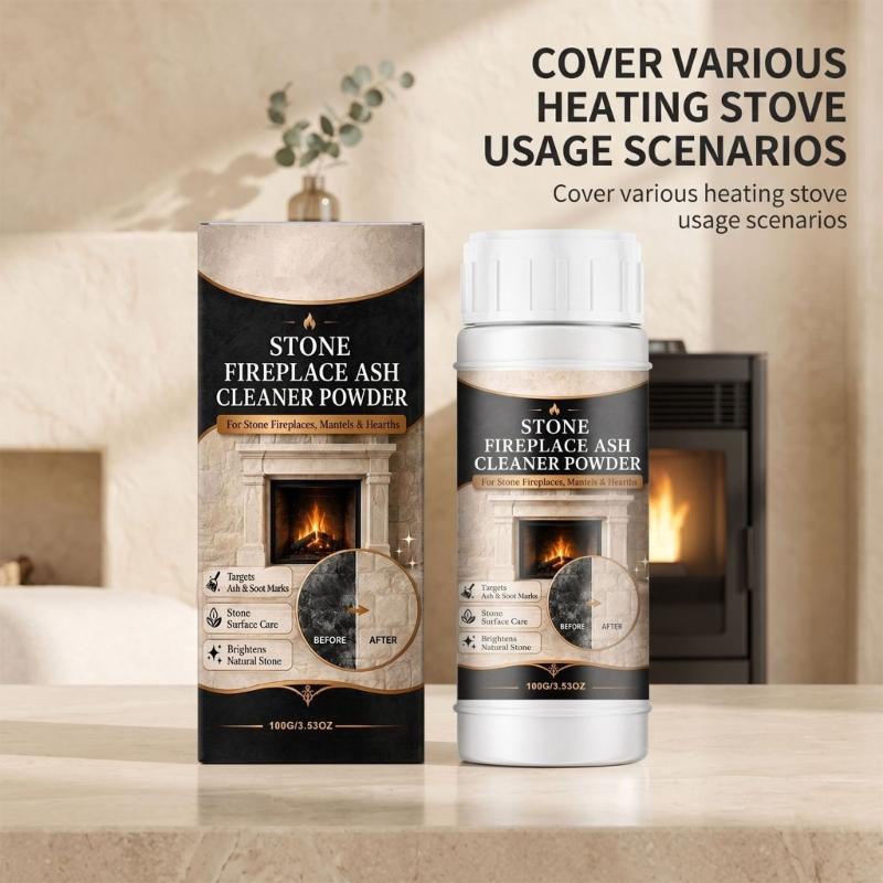 Fine Stone Hearth Cleaning Powder in a Plastic Bottle for Soot Care, Controlled Dispensing, Routine Mantel Cleaning and End-of-Season Surround