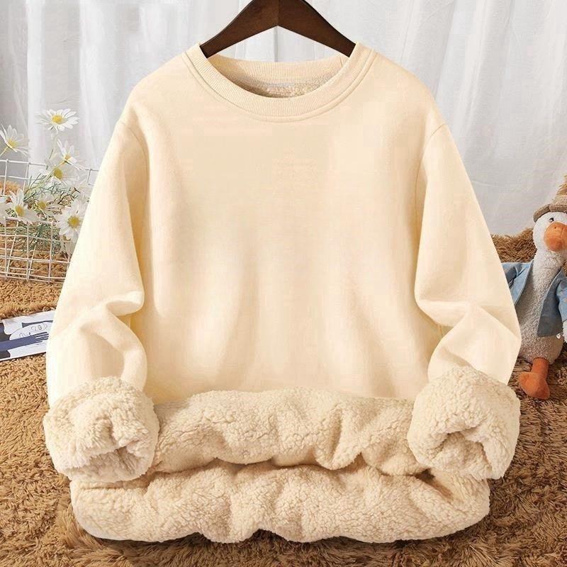 Lambswool Velvet-Lined Crew Neck Hooded Pullover for Women – Loose, Solid Color, Korean Style, Autumn/Winter