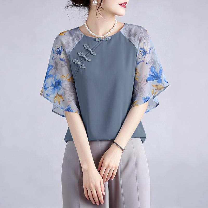 ZANZEA Women Casual Round Neck Floral Print Splice Half Sleeve Blouse S