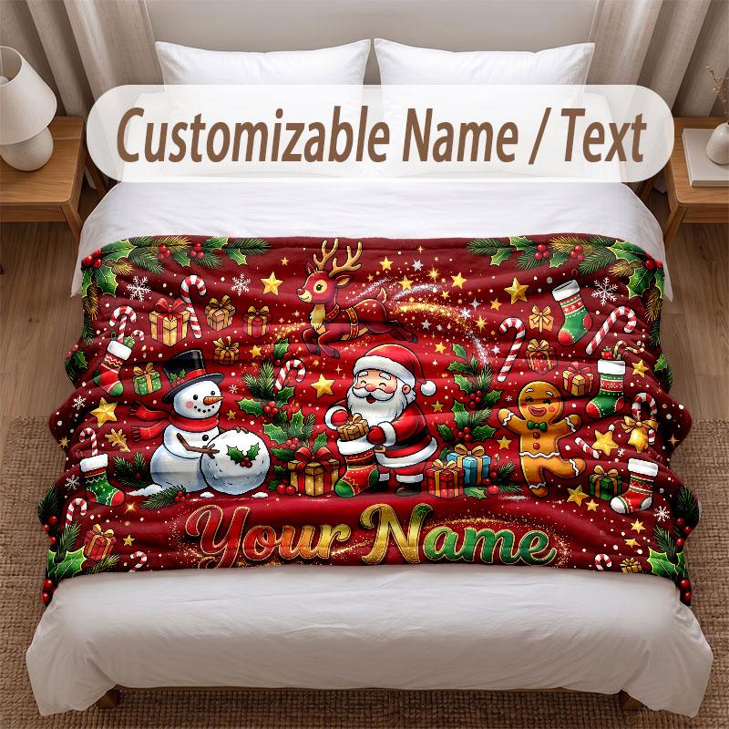 Christmas Theme Soft Blanket Personalized Custom Name Text Print Warm Blanket Home Sofa Bedroom Decor