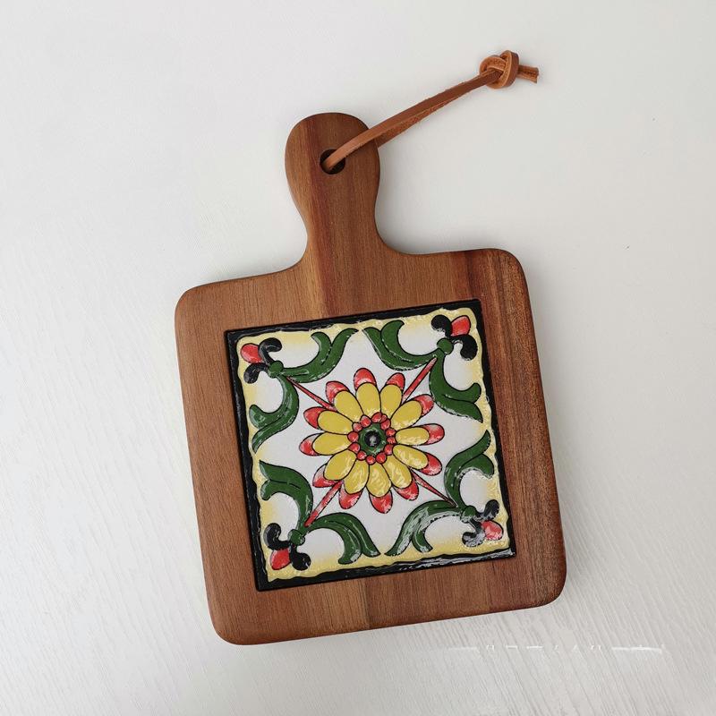 Solid Wood Flower Brick Hand Pot Mat Insulated Cup Mat Retro Dining Mat Decoration for Home Restaurants Kitchen Table Mat Cup