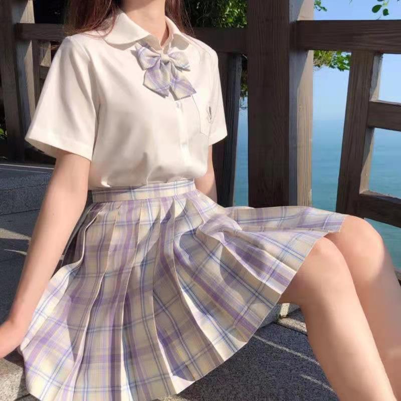 Japanese JK Sailor Suit: Teen Spring/Summer Full Set with Embroidered Shirt & Pleated Grid Skirt
