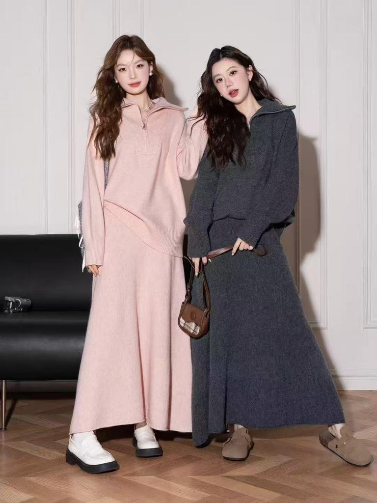 Design Lapel Lazy Pullover Sweater Knitted Skirt Two-piece Suit Women