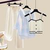 Knitted Suspender Vest Plaid Panel Sunscreen Chiffon Shirt Wide Leg Pants Three-piece Elegant Women Pants Set Summer Outfits