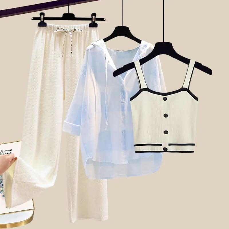 Knitted Suspender Vest Plaid Panel Sunscreen Chiffon Shirt Wide Leg Pants Three-piece Elegant Women Pants Set Summer Outfits