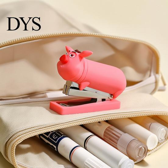 Small Desktop Stapler for Office Desk Mini Cartoon Stapler, Cute Pig Shape, Portable Lightweight PVC Easy Use Daily Homework Shell Binding Tool,