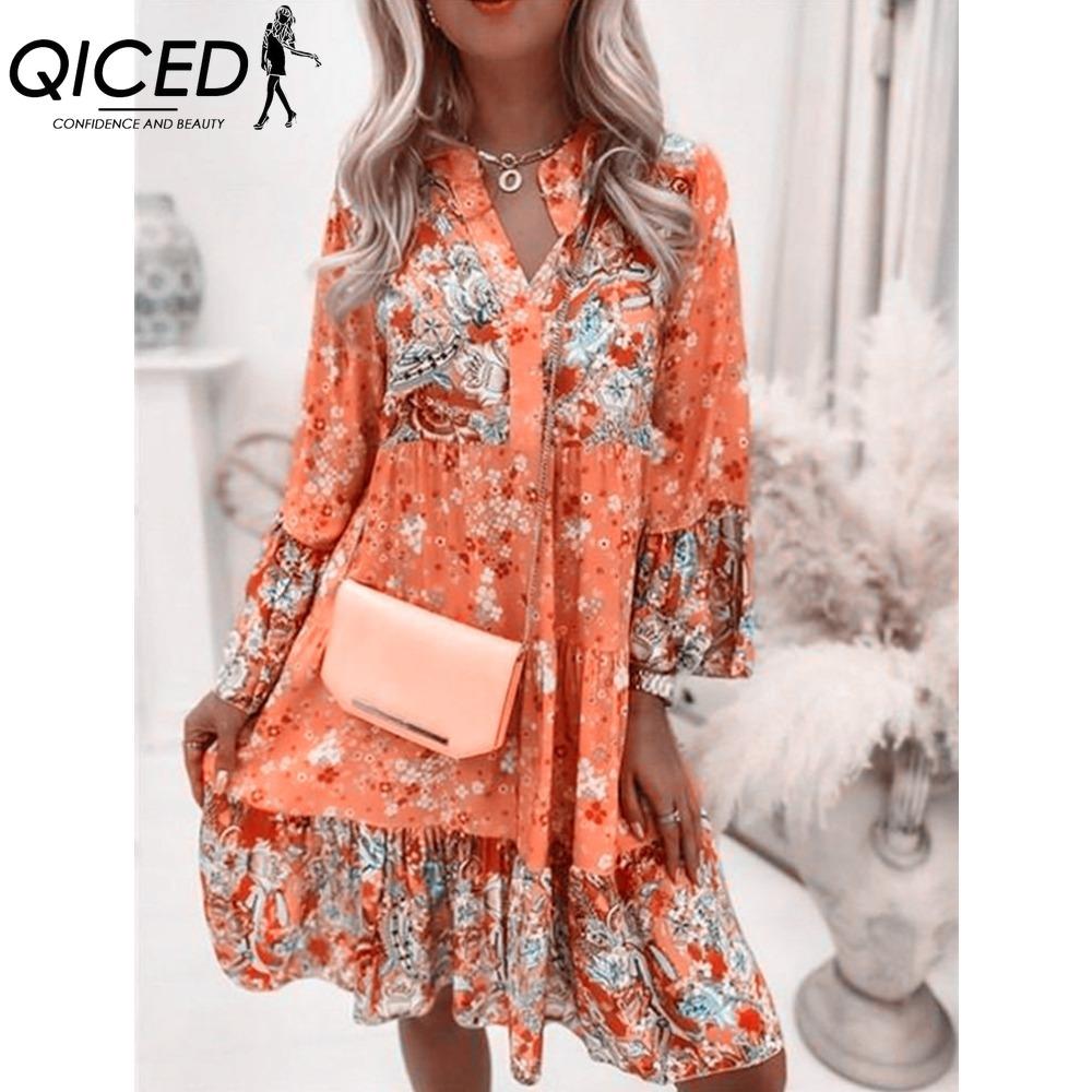 

QICED Женские модные мини-платья с бохо-цветочным принтом и V-образным вырезом, повседневные свободные элегантные женские пляжные вечерние платья с расклешенными рукавами XXXL оранжевый