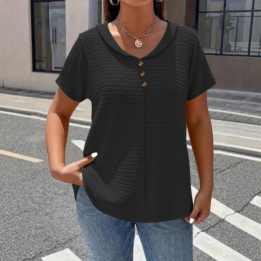 Women’s Short Sleeve Blouse with V Neck and Decorative Buttons Loose Fit Casual Top for Daily Wear