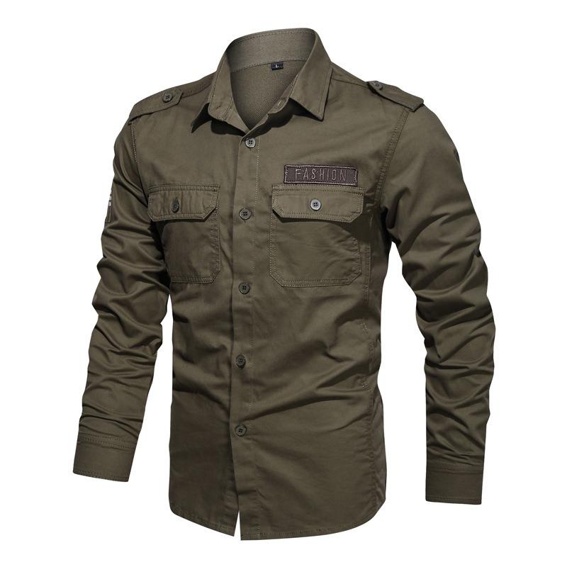 Men S Casual Military Style Long Sleeve Solid Color Shirt